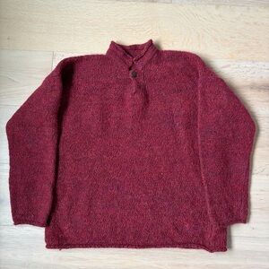Handmade Wool Sweater Burgundy Henley Oversized Chunky Artisan Unisex Sz XL*H4